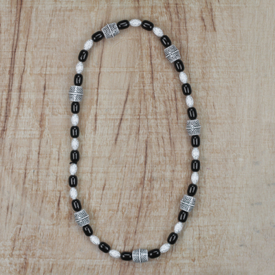 Recycled glass beaded necklace, 'Alewa Beauty' - Black and White Recycled Glass and Plastic Necklace