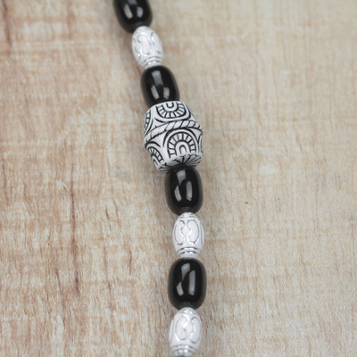 Recycled glass beaded necklace, 'Alewa Beauty' - Black and White Recycled Glass and Plastic Necklace