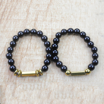 Recycled glass bead stretch bracelets, Ebony Duo (pair)