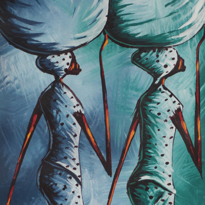 'Vendedores de ollas' - Pintura expresionista de dos mujeres con ollas en la cabeza