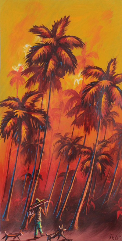 'El Cazador' - Pintura expresionista de un cazador entre palmeras