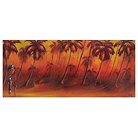 'Back Home' - Signed Landscape Painting of a Woman Among Palms