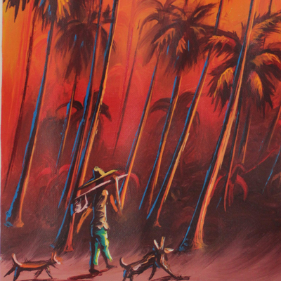 'Back Home' - Pintura de paisaje firmada de una mujer entre palmeras