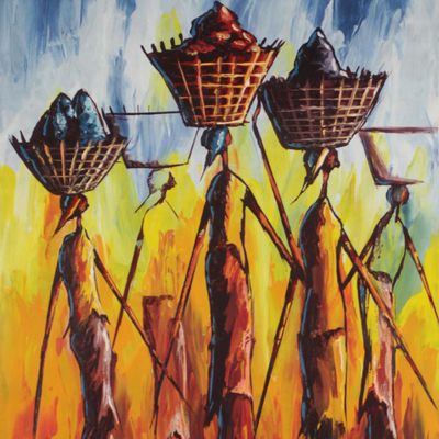 'On the Way to the Market II' - Signed Expressionist Painting of Ghanaian Women