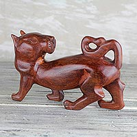 Wood sculpture, 'Tiger with a Curved Tail' - Sese Wood Tiger Sculpture from Ghana
