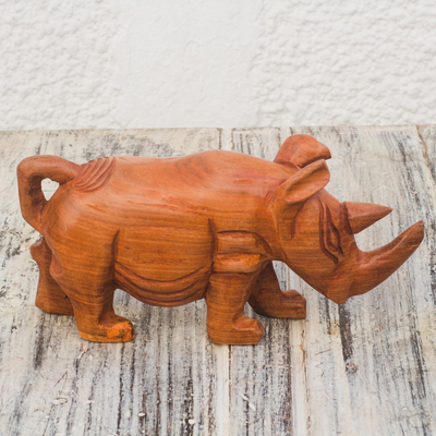 Wood sculpture, 'Roaming Rhinoceros' - Hand Carved Rhinoceros Sese Wood Sculpture from Ghana
