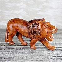 Wood sculpture, 'Lion Roar' - Sese Wood Sculpture of a Lion from Ghana