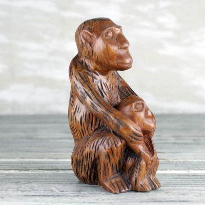 Wood sculpture, 'Monkey and Child' - Sese Wood Sculpture of a Monkey Mother and Child from Ghana