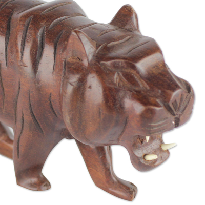 Wood sculpture, 'Roaring Tiger' - Hand-Carved Roaring Striped Tiger Sese Wood Sculpture