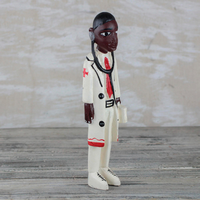 Wood statuette, 'Doctor' - Hand Carved and Painted Doctor in Cream Suit Wood Statuette