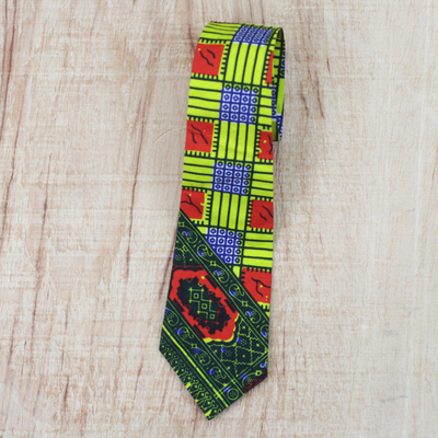 Cotton necktie, 'Cultural Africa' - Cotton Necktie with Colorful Motifs from Ghana