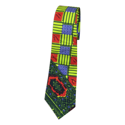 Cotton necktie, 'Cultural Africa' - Cotton Necktie with Colorful Motifs from Ghana