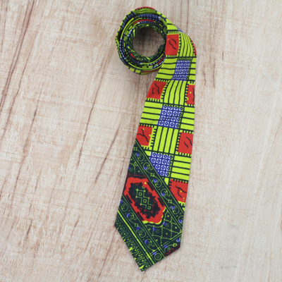 Krawatte aus Baumwolle - Baumwollkrawatte mit bunten Motiven aus Ghana