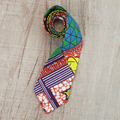 Cotton necktie, 'Colorful Asaasaa' - Artisan Crafted Colorful Cotton Necktie from Ghana