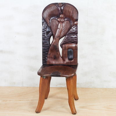 Wood chair, 'Village Rest' - Village Scene Redwood Chair Crafted in Ghana