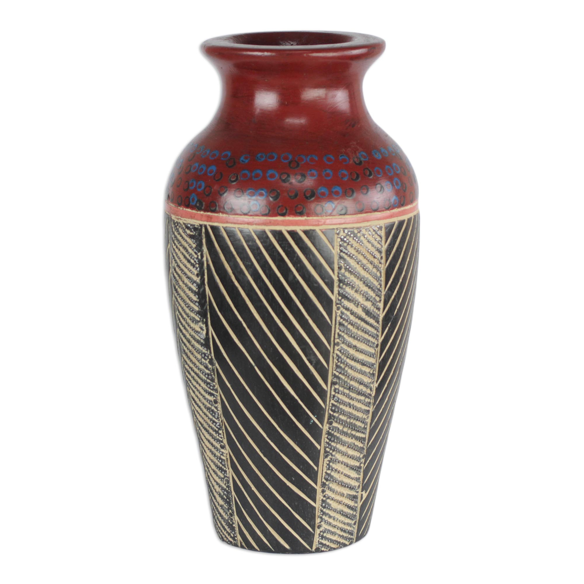 Hand-Painted Sese Wood Vase in Red from Ghana - Ghanaian Flower Vessel