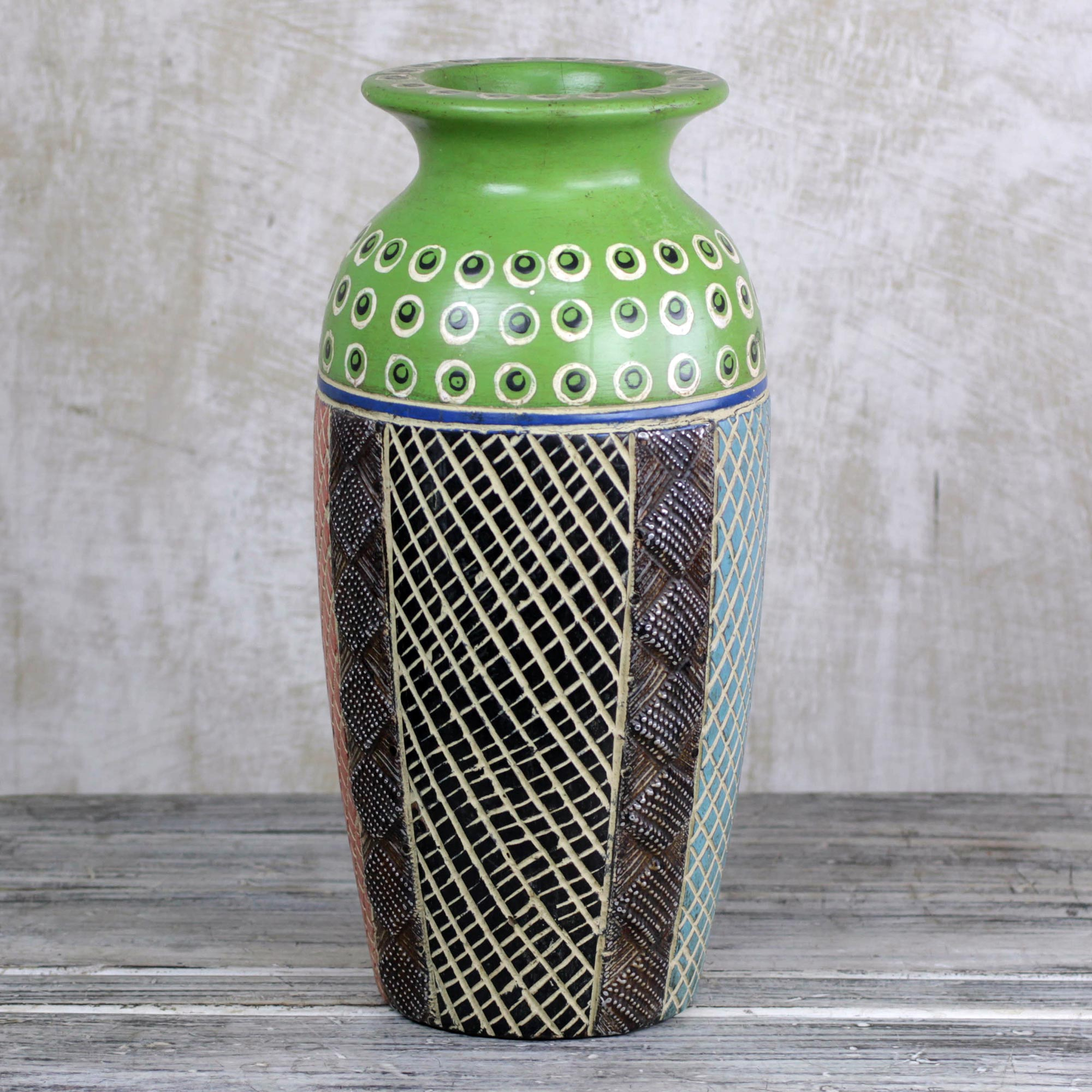 Hand Painted Sese Wood Vase In Green From Ghana Green Ghanaian