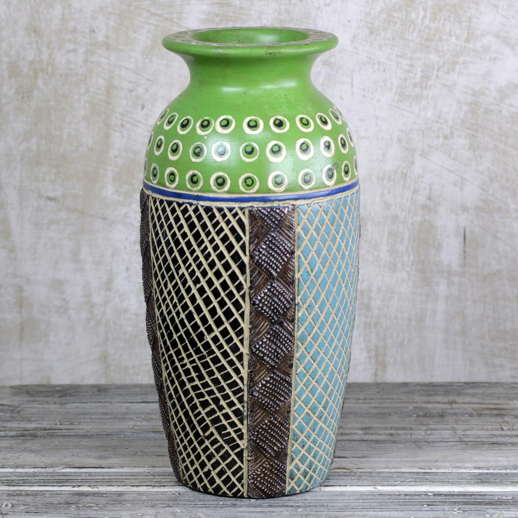 HandPainted Sese Wood Vase in Green from Ghana Green Ghanaian