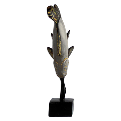 Wood sculpture, 'Great Catch' - Hand Carved Light Grey Wood Fish Sculpture from Ghana