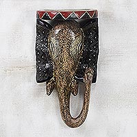 African wood mask, 'Intricate Elephant' - African Sese Wood and Aluminum Elephant Mask from Ghana