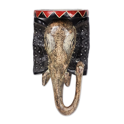 African Sese Wood and Aluminum Elephant Mask from Ghana