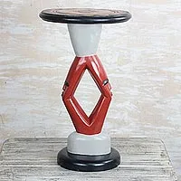 Cedar wood accent table, 'Red Faces' - Hand-Carved Cedar Wood Accent Table from Ghana