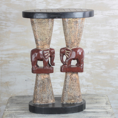Wood accent table, 'Conversing Elephants' - Elephant-Themed Cedar Wood Accent Table from Ghana