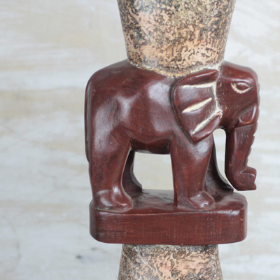 Wood accent table, 'Conversing Elephants' - Elephant-Themed Cedar Wood Accent Table from Ghana