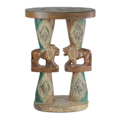 Lion-Themed Cedar Wood Accent Table Crafted in Ghana