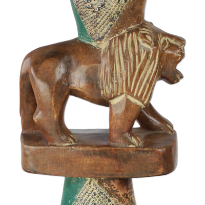Wood accent table, 'Conversing Lions' - Lion-Themed Cedar Wood Accent Table Crafted in Ghana