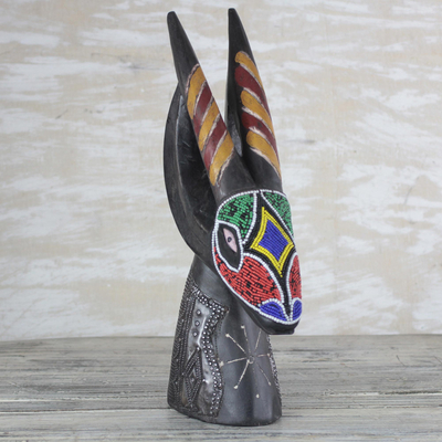 Glass beaded wood sculpture, Colorful Antelope
