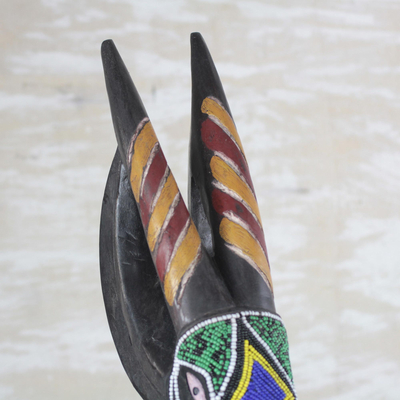 Glass beaded wood sculpture, 'Colorful Antelope' - Recycled Glass Beaded Wood Antelope Sculpture from Ghana