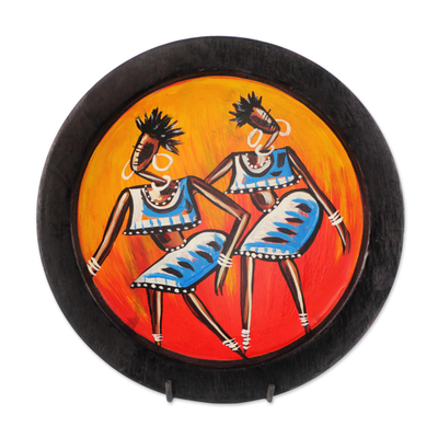 Hand-Painted Wood Dance-Themed Decorative Plate from Ghana
