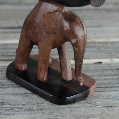 Ebony wood mini catchall, Elephant Carrying a Leaf' - Handcrafted Ebony Wood Elephant Mini Catchall from Ghana