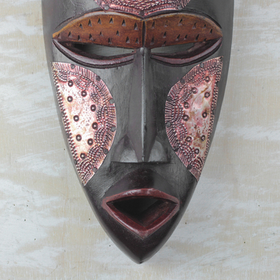 African wood mask, 'Dark Face' - Black Sese Wood and Aluminum African Wall Mask from Ghana