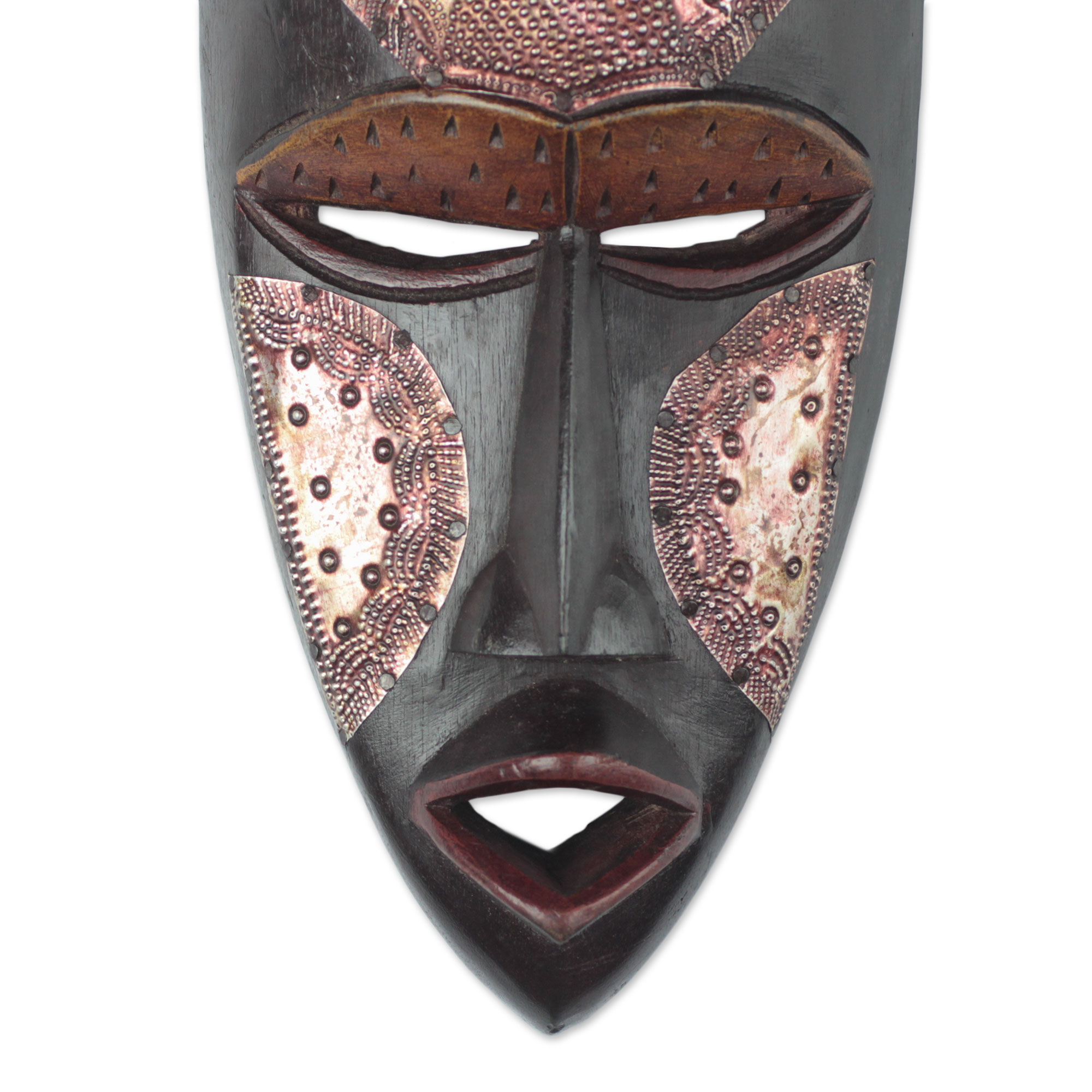 Black Sese Wood and Aluminum African Wall Mask from Ghana - Dark Face ...