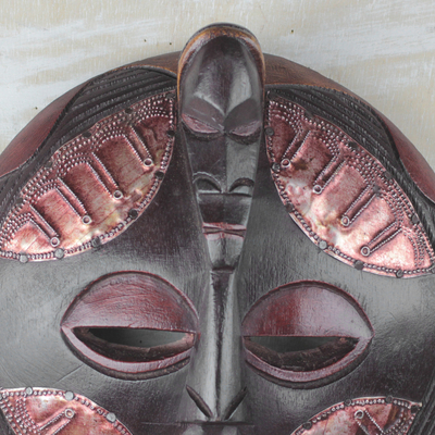 African wood mask, 'Odwira Protector' - Round Dark Brown and Red Wood and Aluminum African Mask