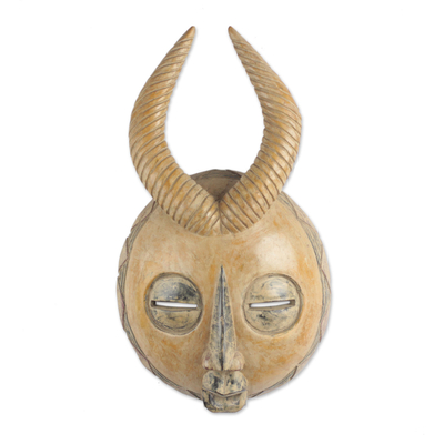 African wood mask, 'Yellow Gazelle' - Yellow Sese Wood African Mask with Horns from Ghana