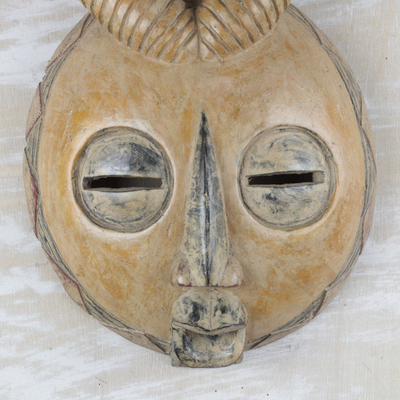 African wood mask, 'Yellow Gazelle' - Yellow Sese Wood African Mask with Horns from Ghana
