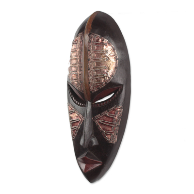 African wood mask, 'Esaabia' - Elongated Dark Brown Wood and Aluminum Female African Mask