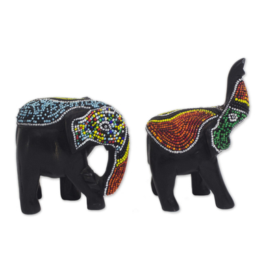 Recycled Glass Beaded Wood Elephant Figurines (Pair)