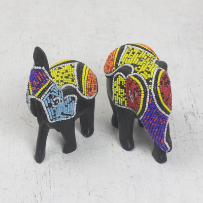 Recycled glass beaded wood figurines, 'Embellished Elephants' (pair) - Recycled Glass Beaded Wood Elephant Figurines (Pair)