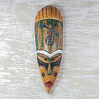 Afrikanische Holzmaske, „Royal Enigma“ – handgefertigte ghanaische afrikanische Maske aus Sese-Holz und Aluminium