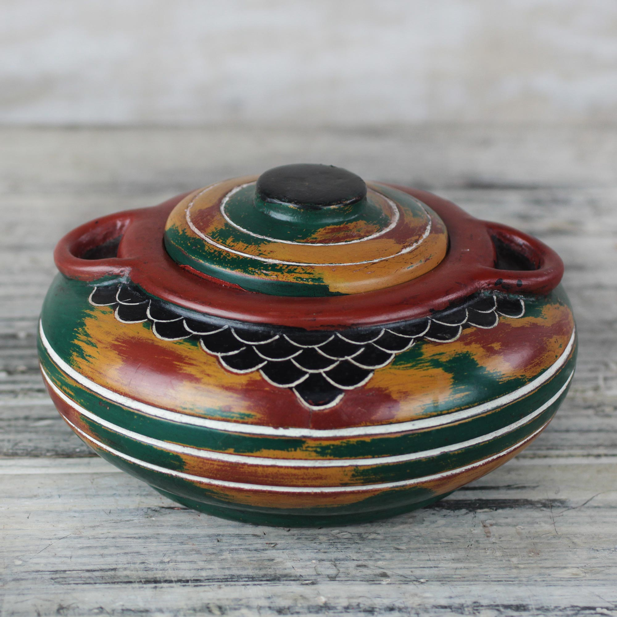 Handcrafted Red Green Yellow Decorative Wood Jar With Lid