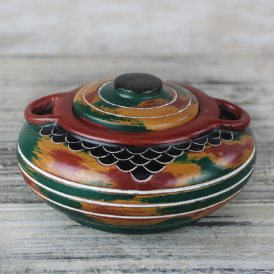 Wood decorative jar, 'Colors of Home' - Handcrafted Red, Green, Yellow Decorative Wood Jar with Lid