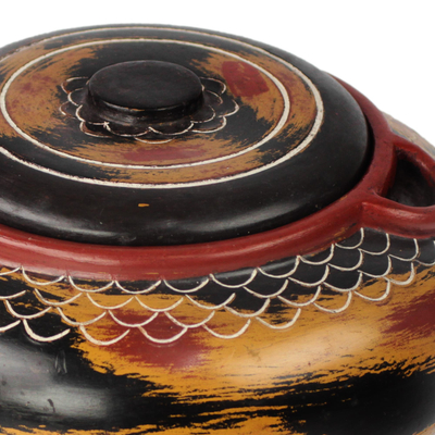 Wood decorative jar, 'Sunset Storm' - Handcrafted Red Yellow and Black Decorative Wood Jar