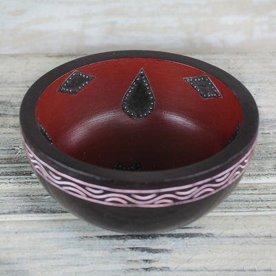 Wood decorative bowl, 'Collection' - Handcrafted Aluminum Accent Dark Brown Decorative Wood Bowl