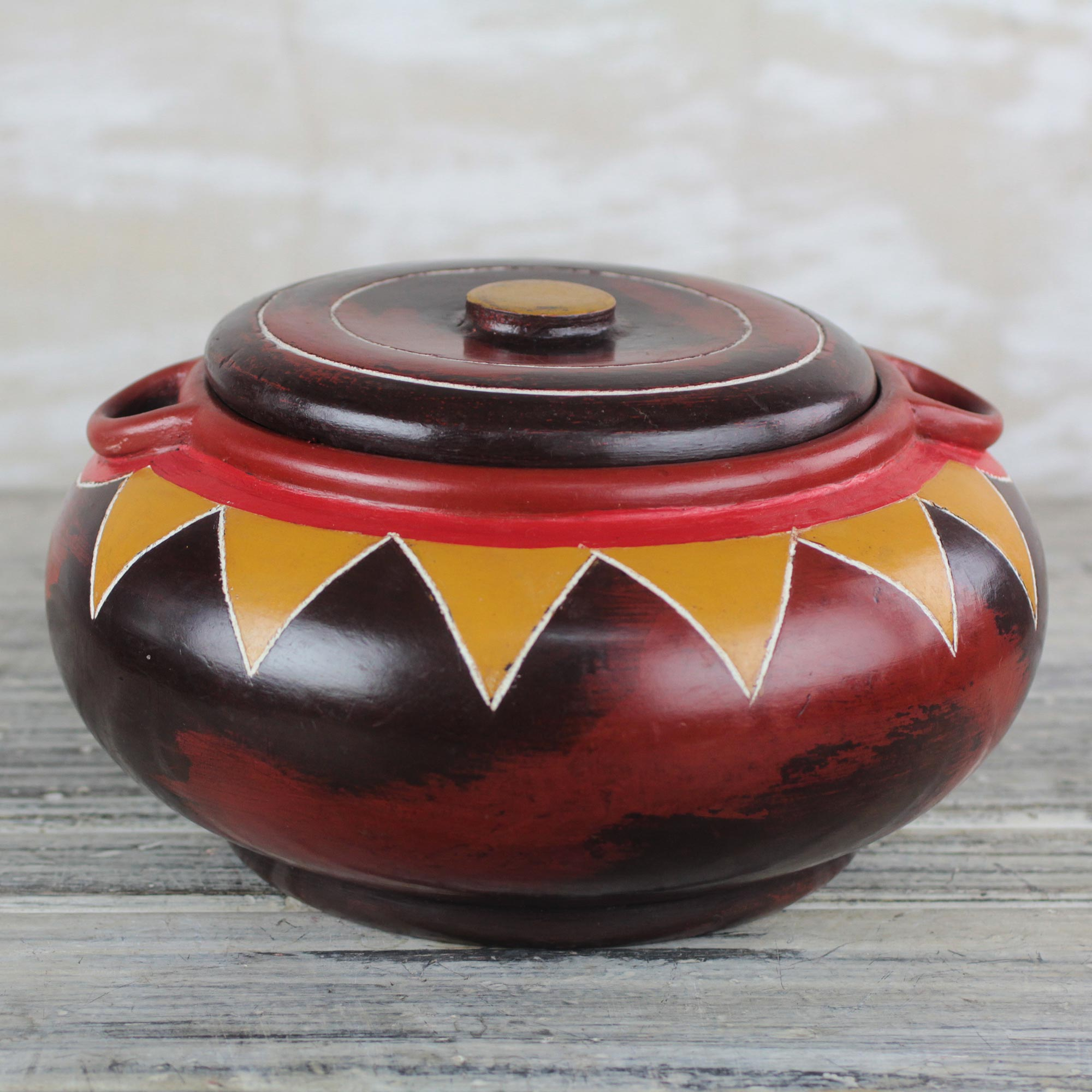 Red And Yellow Sun Ray Motif Decorative Wood Jar With Lid