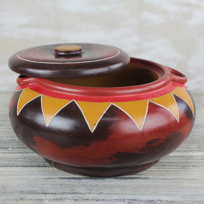 Wood decorative jar, 'Sunshine Rays' - Red and Yellow Sun Ray Motif Decorative Wood Jar with Lid