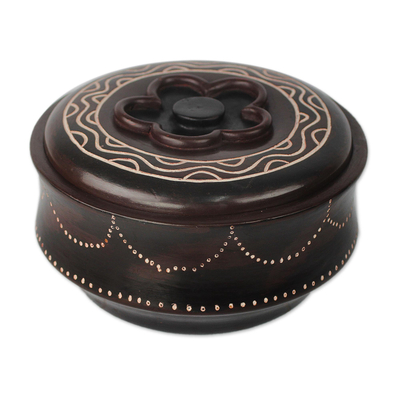 Dark Brown Flower Motif Decorative Wood Jar with Lid